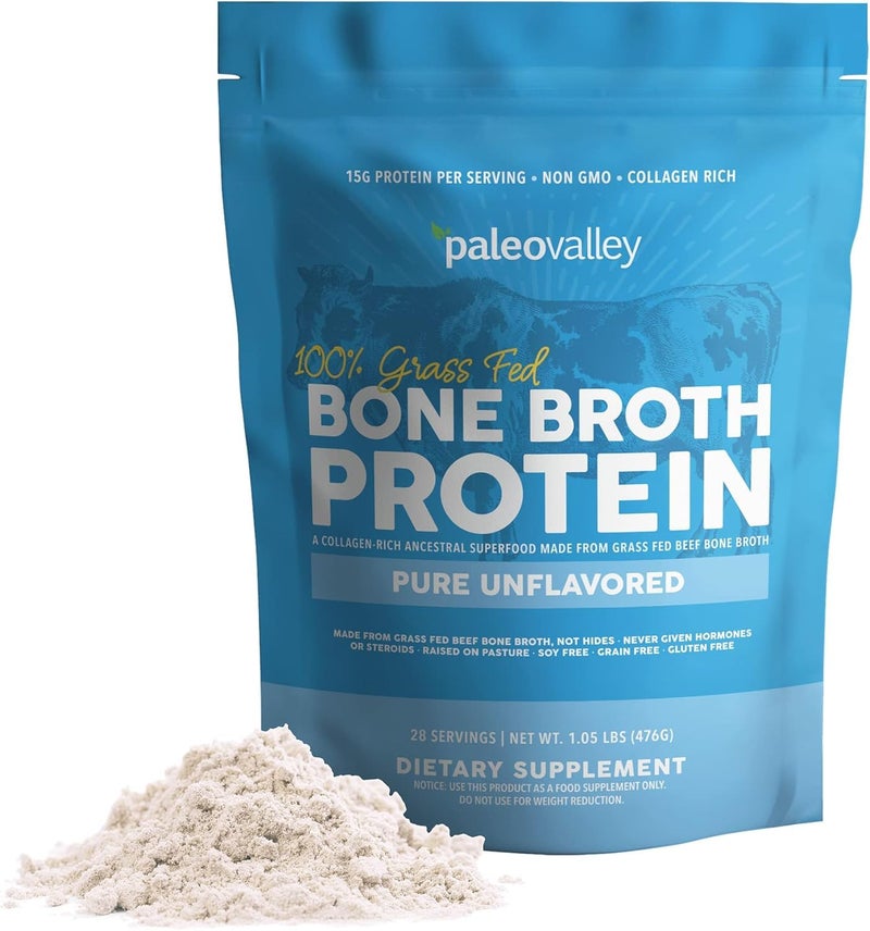 Paleovalley 100 Grass Fed Beef Bone Broth Protein Powder Rich in Collagen Peptides for Hair Skin Gut Health Bone and Joint Support 15g Protein Per Serving No Gluten or GMOs